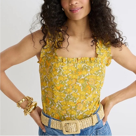 J. Crew Ruffle-trim stretch cotton poplin top in limone print (lemon print) - Picture 3 of 8